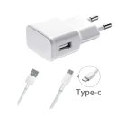 Мрежово зарядно устройство 1Tech USB Type-C, 5V 2A с включен кабел USB-C, Бял