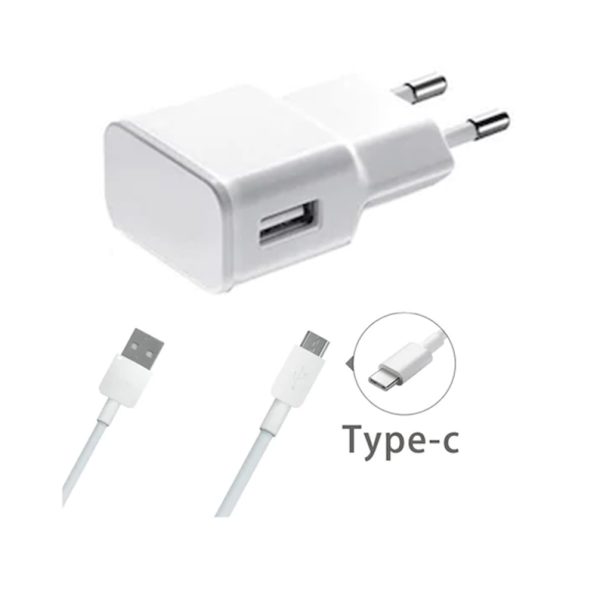 Мрежово зарядно устройство 1Tech USB Type-C, 5V 2A с включен кабел USB-C, Бял