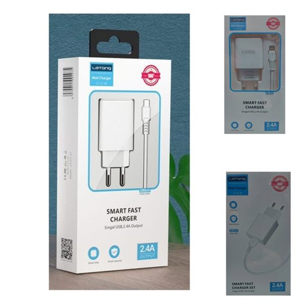 Комплект зарядно устройство 1Tech за iPhone Letang LT-TZ-28, 2.4A с Lightning кабел 1.0м, Бял